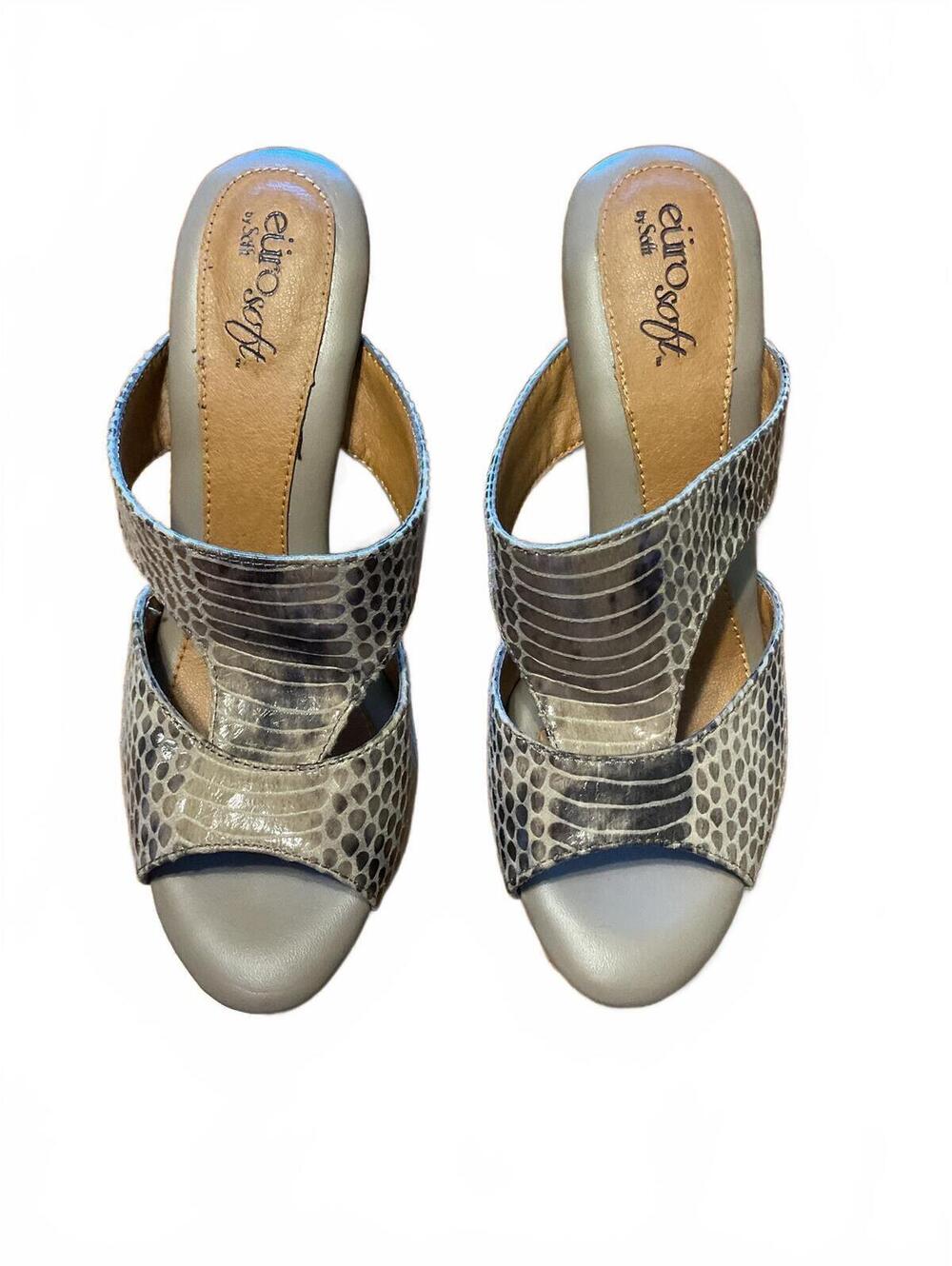 Synthetic snake print heeled sandals, Euro Soft by Sofft, Valma style, Size 6M